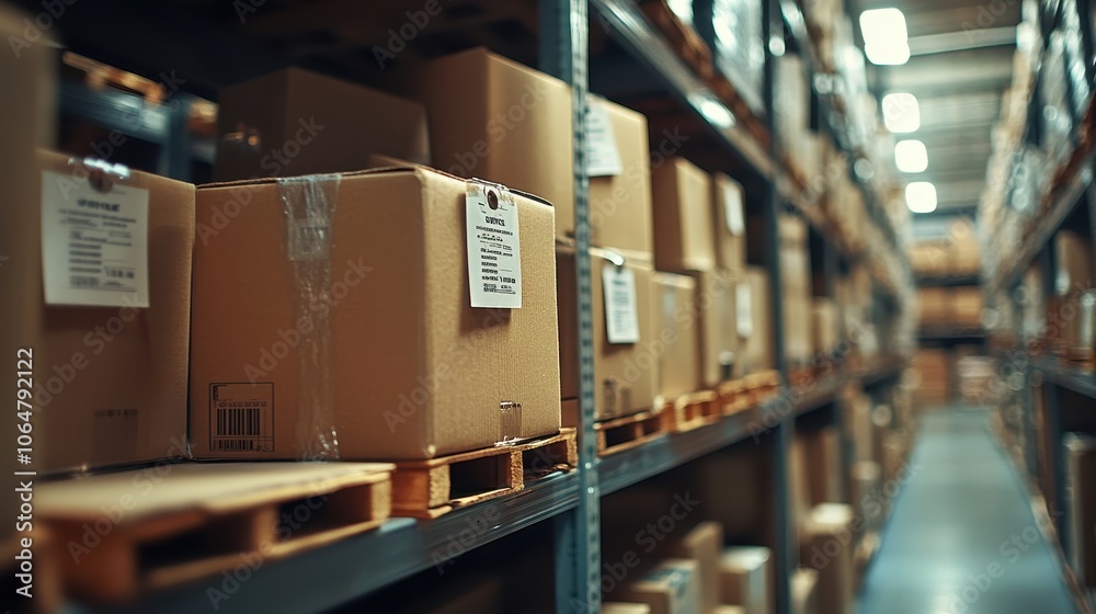 Warehouse Interior with Stacked Cardboard Boxes on Shelves in Industrial Storage Facility with Soft Lighting Warehouse Interior with Stacked Cardboard Boxes on Shelves in Industrial Storage Facility with Soft Lighting