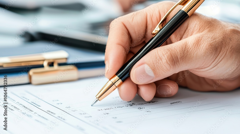 Hand holding a pen while writing on a document. Business and professional work concept. Hand holding a pen while writing on a document. Business and professional work concept.