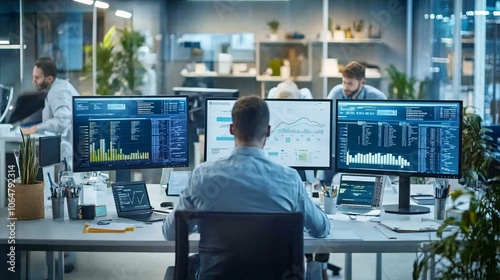 A sleek, modern office with financial advisors working, mortgage rates and loan terms shown on large digital screens, professional lighting