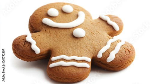 Traditional gingerbread man with white icing and big smile, isolated on a white background