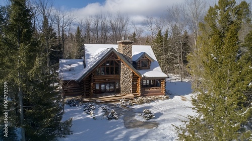 A rustic log cabin with a stone chimney, set in the middle of a Canadian forest. Surrounded by snow-covered trees and a peaceful winter landscape. photo