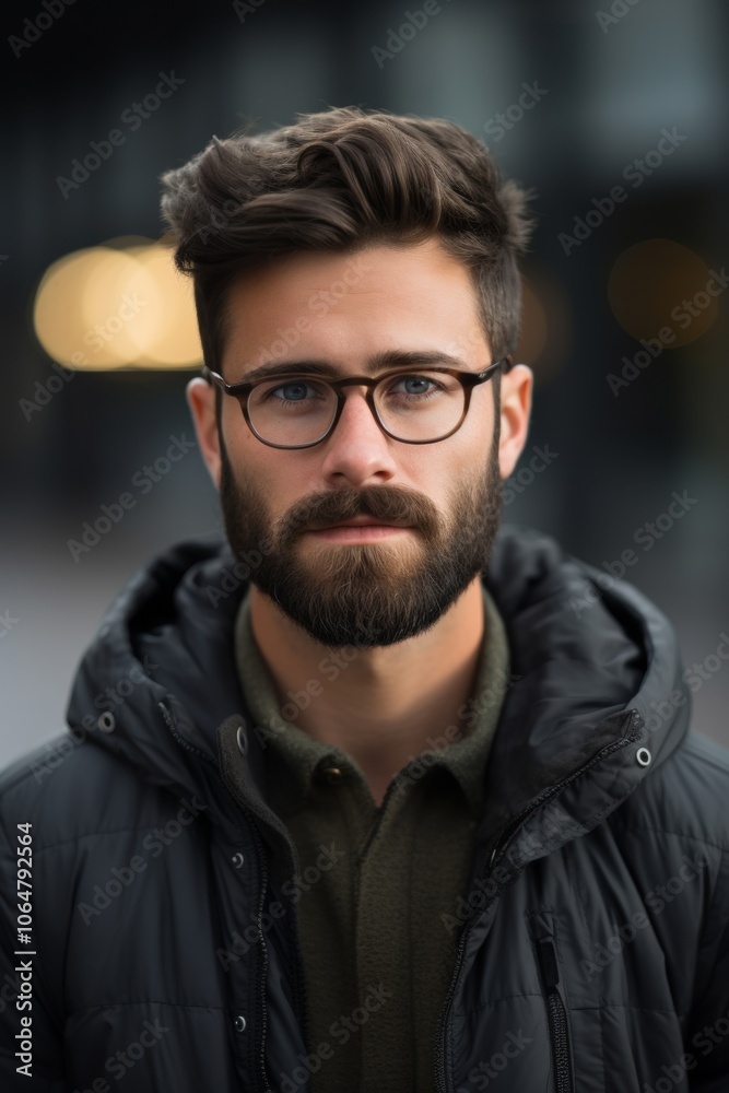 Fototapeta premium Detailed portrait of a young man wearing glasses and sporting a well groomed beard