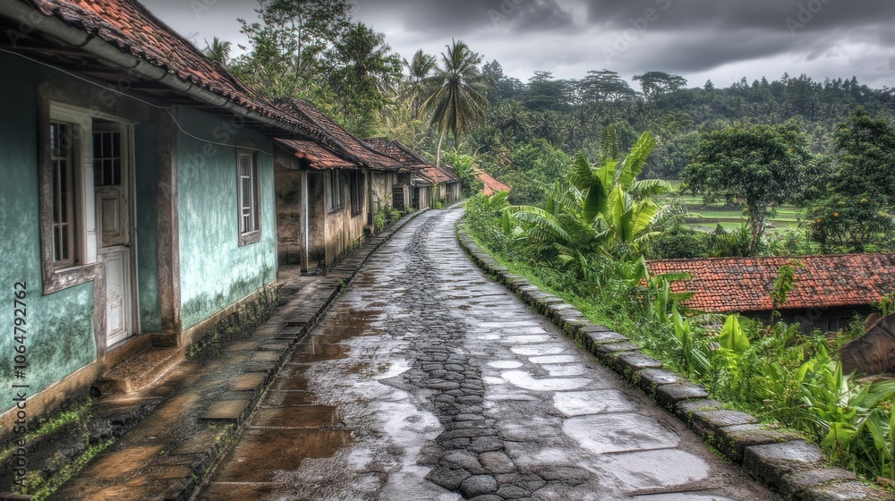 A serene village road lined with traditional houses and lush greenery under a cloudy sky. A serene village road lined with traditional houses and lush greenery under a cloudy sky.