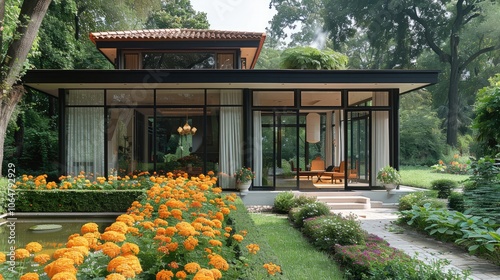 An inviting guest house on a spacious estate, with a charming, welcoming atmosphere. The house has a modern design with large, open windows and a cozy entrance area, surrounded by lush greenery.