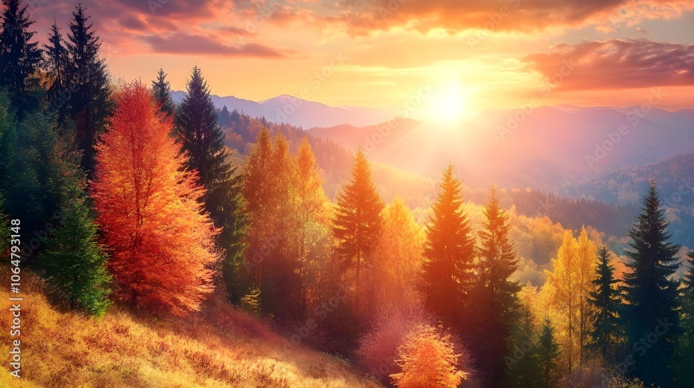 A scenic view of the sun setting over a forest of colorful autumn trees, casting warm orange and pink hues in the sky. A scenic view of the sun setting over a forest of colorful autumn trees, casting warm orange and pink hues in the sky.