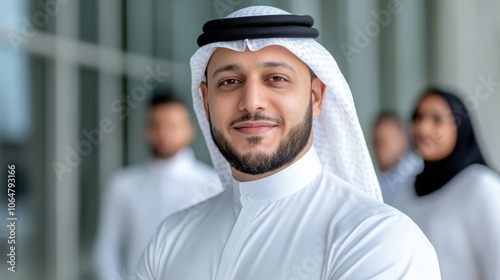 Portrait of smiling man in traditional Middle Eastern attire with blurred people in background.