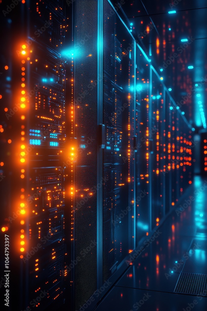 Futuristic Data Center with Glowing Servers and Advanced Technology in a Modern High-Tech Environment Futuristic Data Center with Glowing Servers and Advanced Technology in a Modern High-Tech Environment