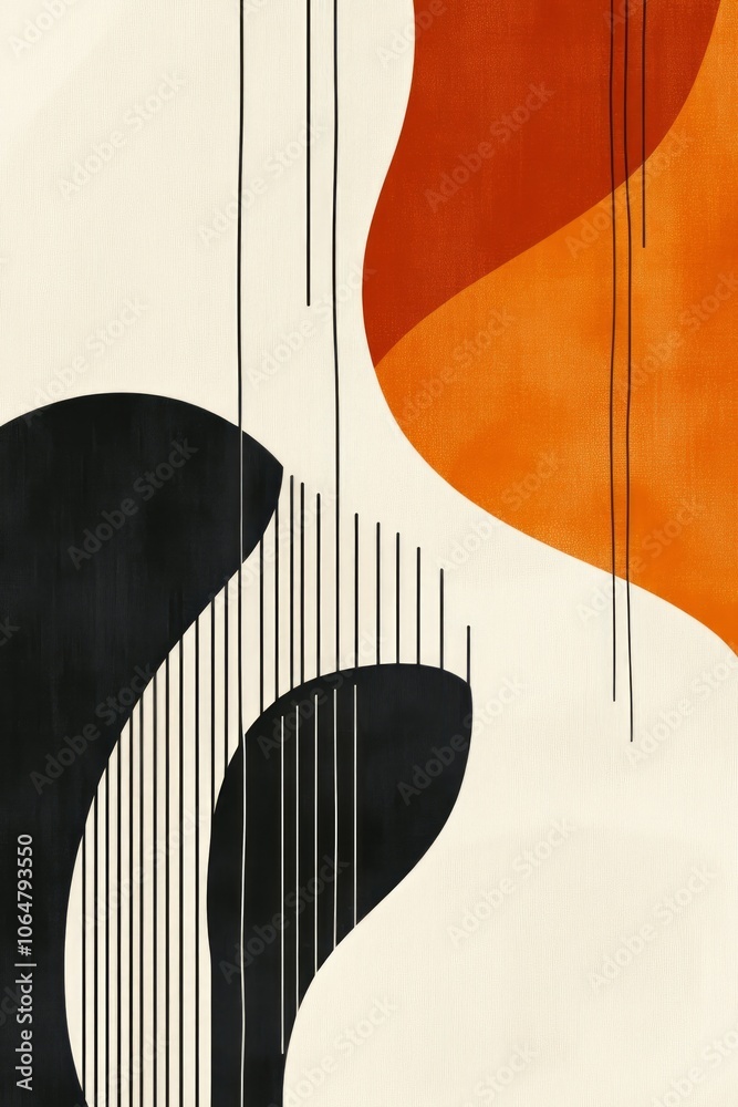 The artwork showcases a harmonious blend of black and orange shapes intertwined with fine lines, evoking a sense of modern abstraction The artwork showcases a harmonious blend of black and orange shapes intertwined with fine lines, evoking a sense of modern abstraction