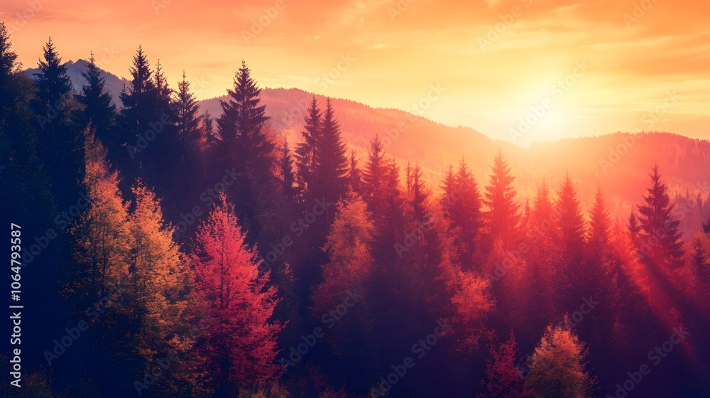 Naklejka premium A scenic view of the sun setting over a forest of colorful autumn trees, casting warm orange and pink hues in the sky.