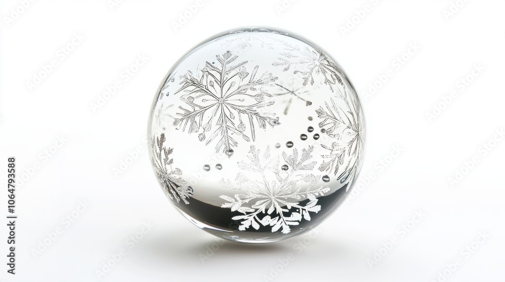 Transparent glass Christmas ball with snowflake print, isolated on a clean white background Transparent glass Christmas ball with snowflake print, isolated on a clean white background
