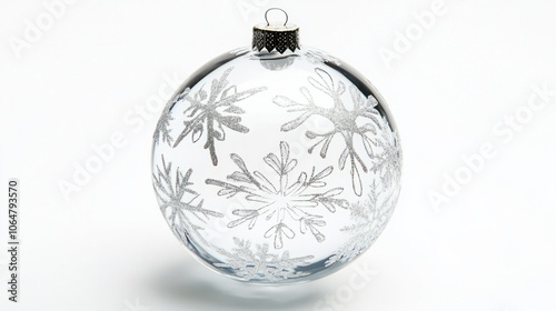 Transparent glass Christmas ball with snowflake print, isolated on a clean white background