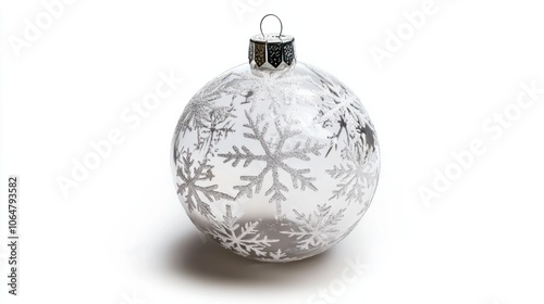Transparent glass Christmas ball with snowflake print, isolated on a clean white background