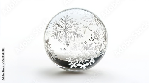 Transparent glass Christmas ball with snowflake print, isolated on a clean white background