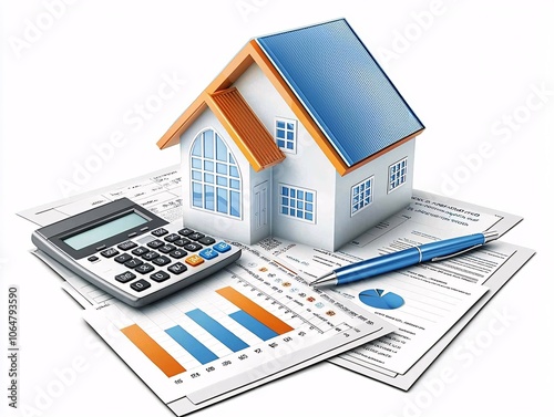 A house model placed on top of loan documents, surrounded by a pen and calculator, representing property collateral in a mortgage. The setup provides ample copy space for text.