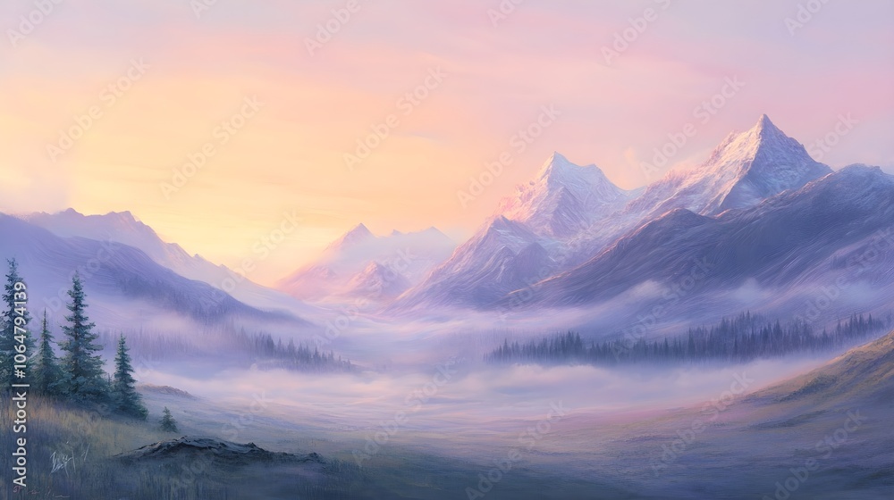 A serene mountain landscape at sunrise, with mist rolling over the peaks, soft pastel colors in the sky, and a warm glow illuminating the scene. A serene mountain landscape at sunrise, with mist rolling over the peaks, soft pastel colors in the sky, and a warm glow illuminating the scene.