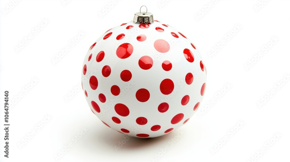 White Christmas ball with red polka dots, creating a cheerful holiday look isolated on white White Christmas ball with red polka dots, creating a cheerful holiday look isolated on white