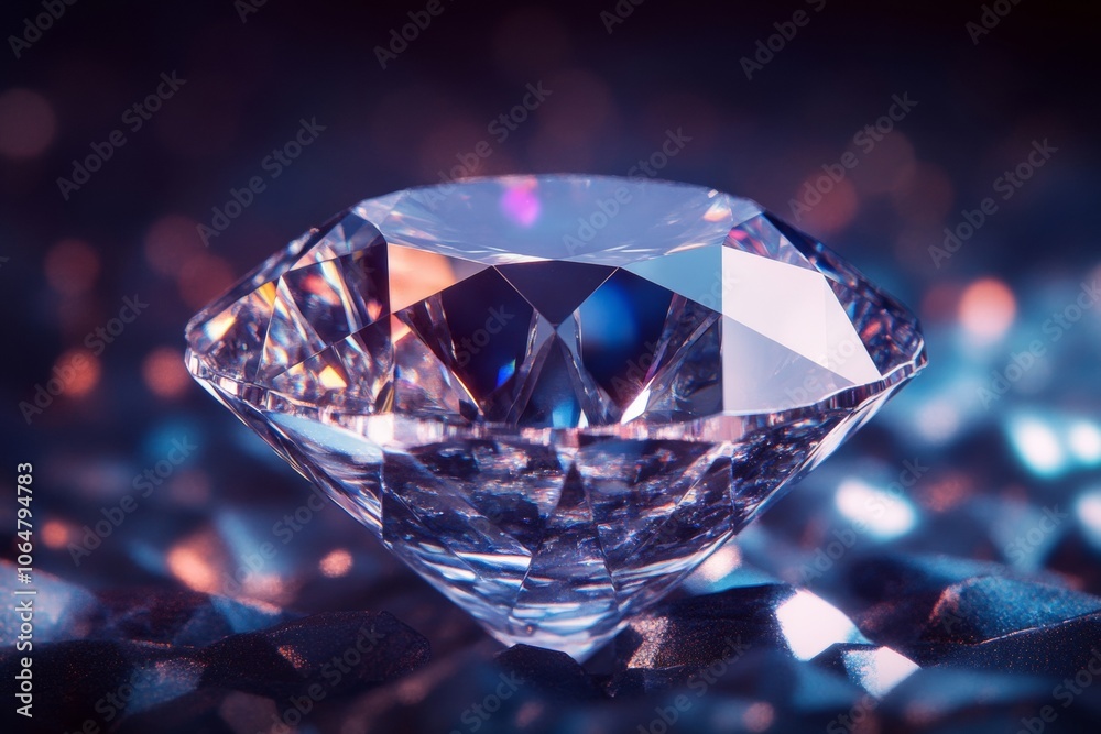 A beautifully cut diamond sits on a shiny, textured background, showcasing its brilliant facets and reflecting vibrant colors in dazzling detail A beautifully cut diamond sits on a shiny, textured background, showcasing its brilliant facets and reflecting vibrant colors in dazzling detail