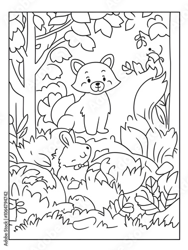 A simple black and white coloring page of forest animals like a fox, rabbit, bear, and squirrel, with bold outlines and happy expressions, isolated on white background.