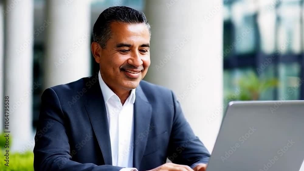Smiling mature successful businessman working, typing on laptop sitting outdoors at office building. 40s latin hispanic man entrepreneur in suit using wireless pc computer for online business invest.