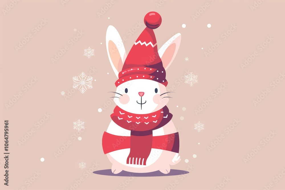 Cute winter bunny with red hat and scarf Cute winter bunny with red hat and scarf