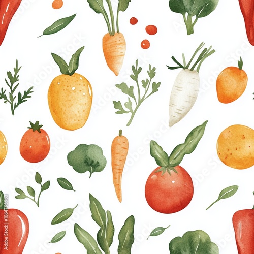 Watercolor seamless pattern featuring an assortment of fresh vegetables including carrots, tomatoes, and greens on a white background