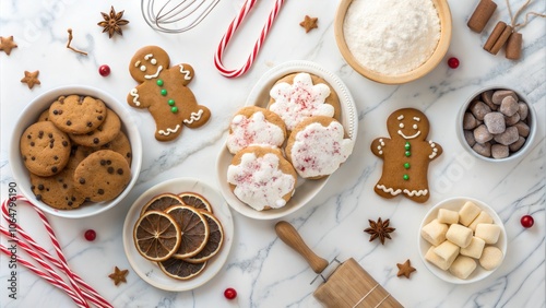 Christmas baking background with an assortment of cookies and sweet treats. Top down view on a white marble background. Holiday baking concept. photo