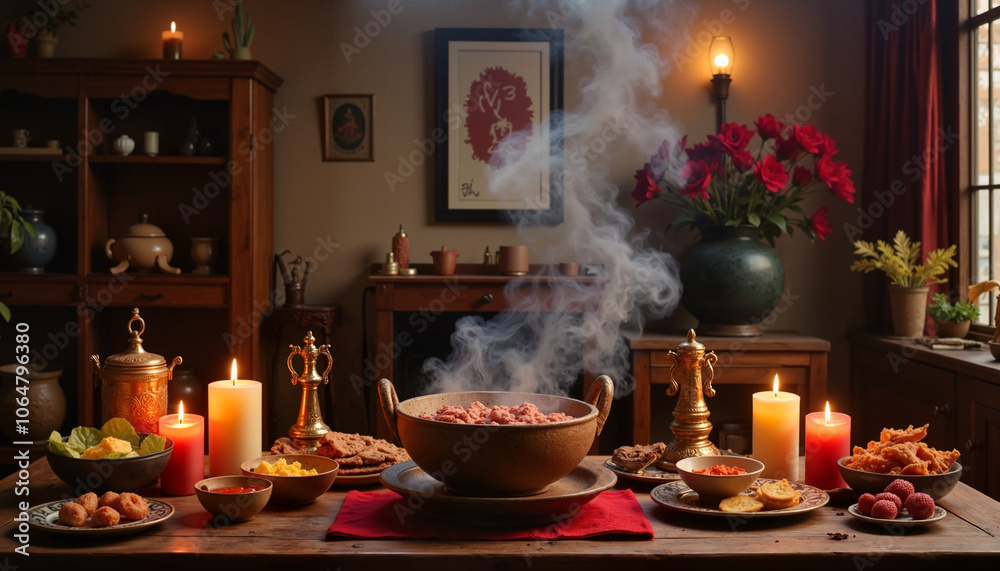 Steaming bowl on festive table with candles and flowers Steaming bowl on festive table with candles and flowers