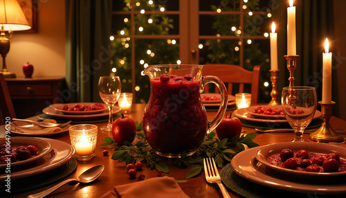 Festive table with sangria and candles for Christmas dinner