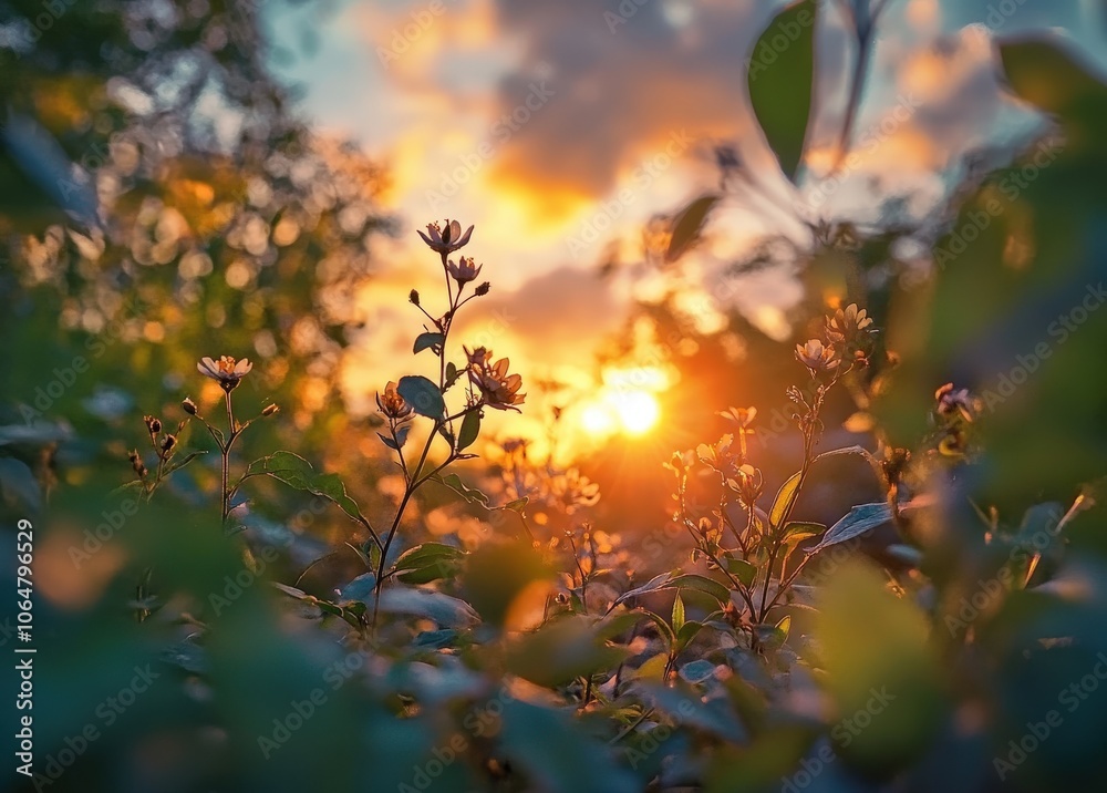 Silhouetted white flowers in a field with a golden sunset. Silhouetted white flowers in a field with a golden sunset.