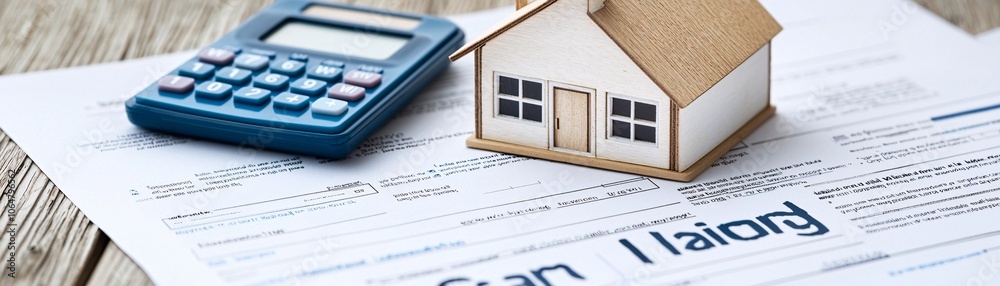 A mortgage loan application form and a small house model rest on top of financial paperwork, accompanied by a calculator. The scene offers extensive copy space for additional content. A mortgage loan application form and a small house model rest on top of financial paperwork, accompanied by a calculator. The scene offers extensive copy space for additional content.