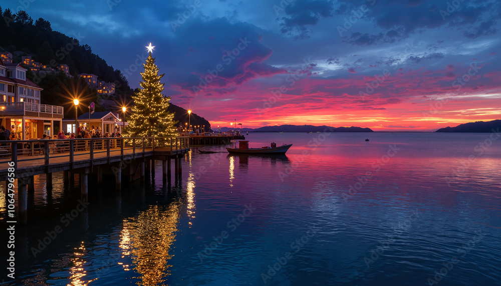 Fototapeta premium Christmas tree on pier at sunset over coastal town