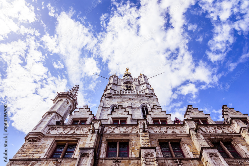 Bottom up view on the medieval building in Ghent Bottom up view on the medieval building in Ghent