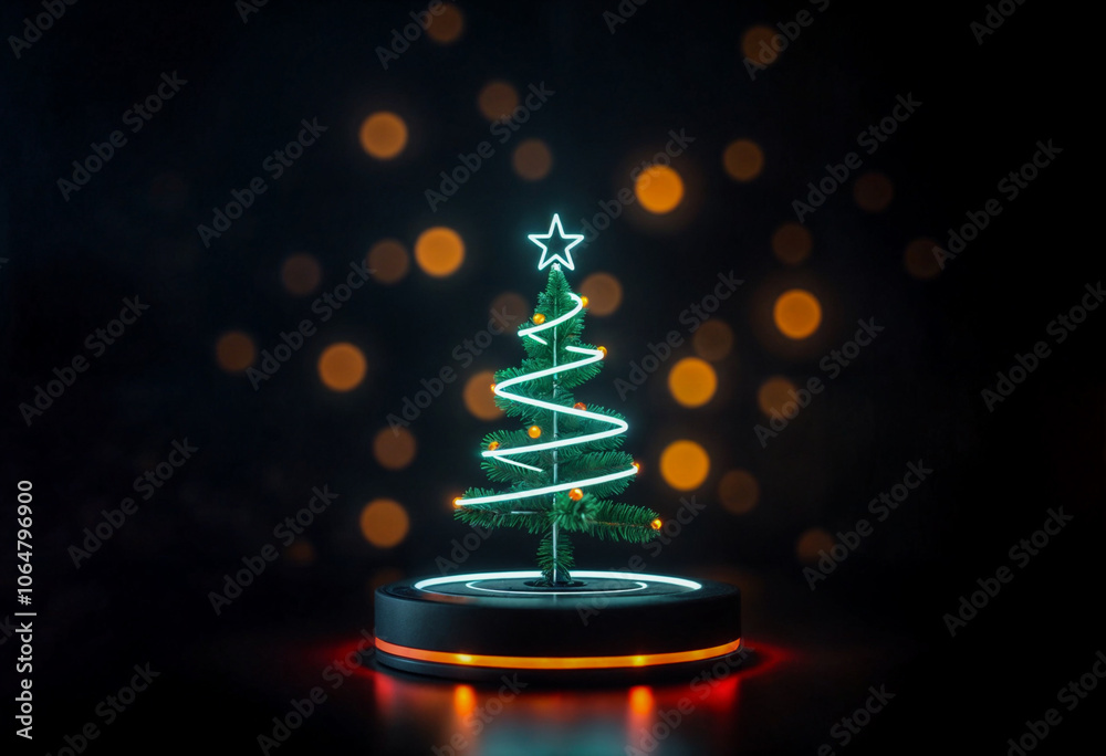 Albero di Natale moderno con neon bianco e decorazioni minimal su base circolare illuminata