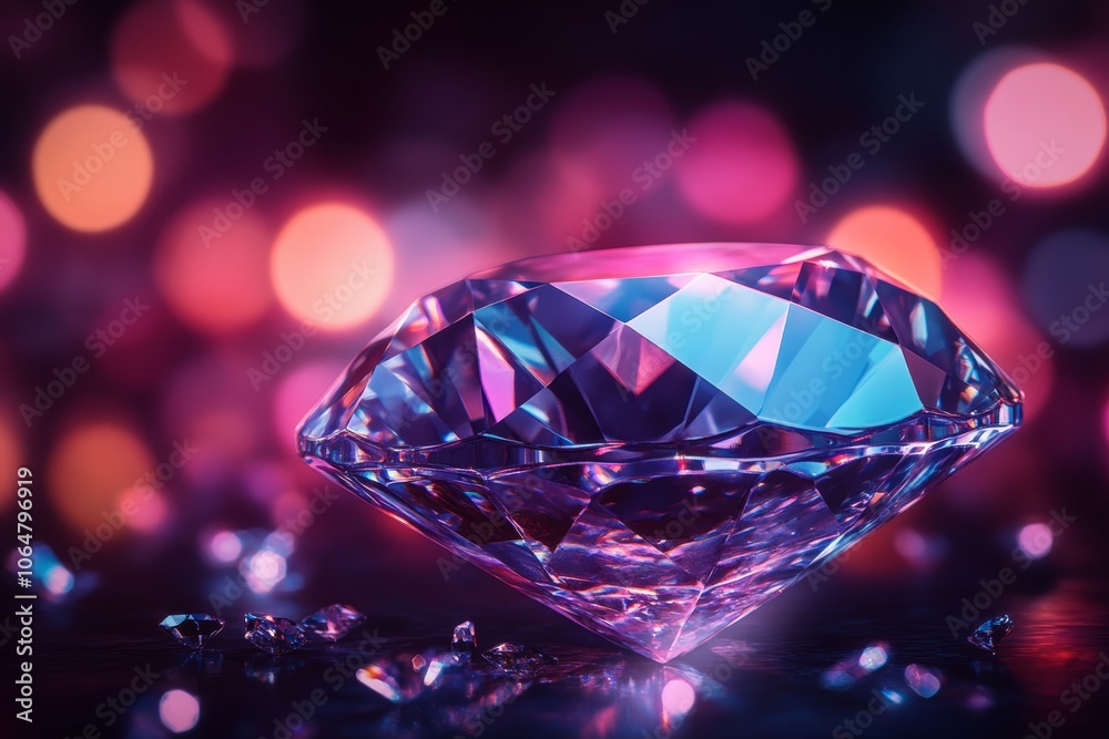 The diamond stands out with its sharp facets and brilliant sparkle, surrounded by scattered smaller gems and vibrant, blurred lights creating a captivating atmosphere The diamond stands out with its sharp facets and brilliant sparkle, surrounded by scattered smaller gems and vibrant, blurred lights creating a captivating atmosphere