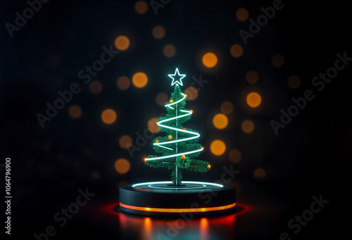Obraz na płótnie Albero di Natale moderno con neon bianco e decorazioni minimal su base circolare illuminata w salonie