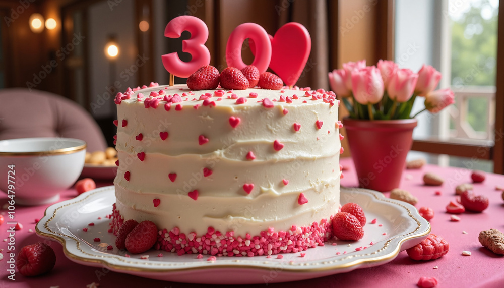 30th birthday cake with strawberries and heart decorations 30th birthday cake with strawberries and heart decorations