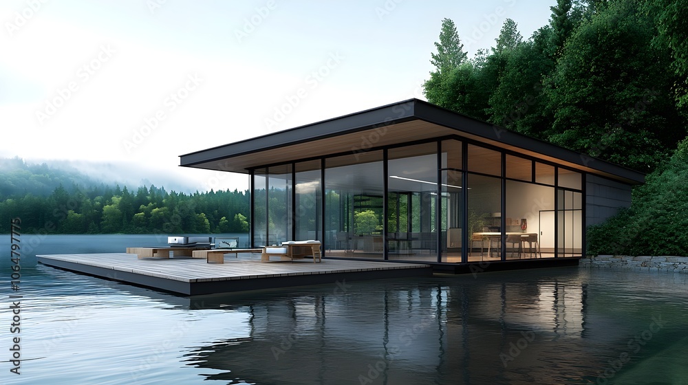 A sleek, glass lake house on a Canadian lakefront, with a wooden deck, large windows, and surrounded by evergreen forest, offering serene water views. A sleek, glass lake house on a Canadian lakefront, with a wooden deck, large windows, and surrounded by evergreen forest, offering serene water views.