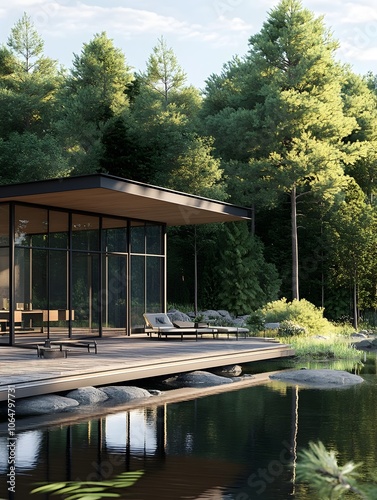 A sleek, glass lake house on a Canadian lakefront, with a wooden deck, large windows, and surrounded by evergreen forest, offering serene water views.