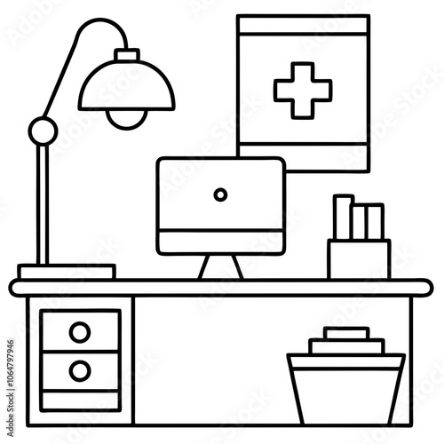 A tidy, well-lit nursing station vector illustration featuring a computer. Perfect for medical, healthcare, and office design projects, conveying professionalism and efficiency.