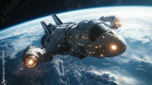 Wallpaper Mural A futuristic spaceship flies over the Earth, with the blue planet in the background. Torontodigital.ca