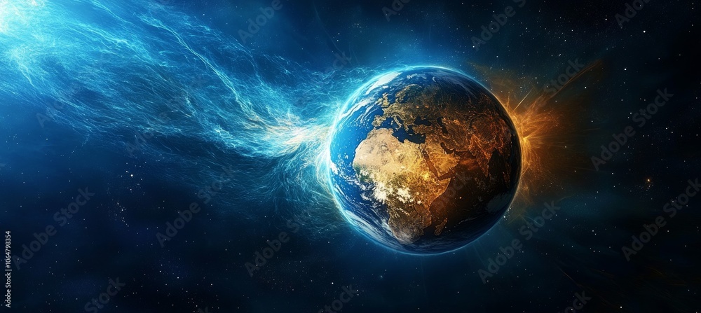 Obraz premium Magnetic field on earth atmosphere visual. Gravity energy force. Generative ai technology. 