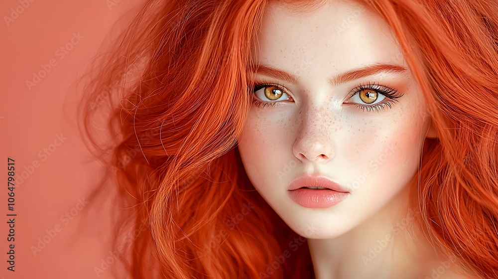 Enchanting portrait of a freckled redhead with striking amber eyes and luscious curls Enchanting portrait of a freckled redhead with striking amber eyes and luscious curls