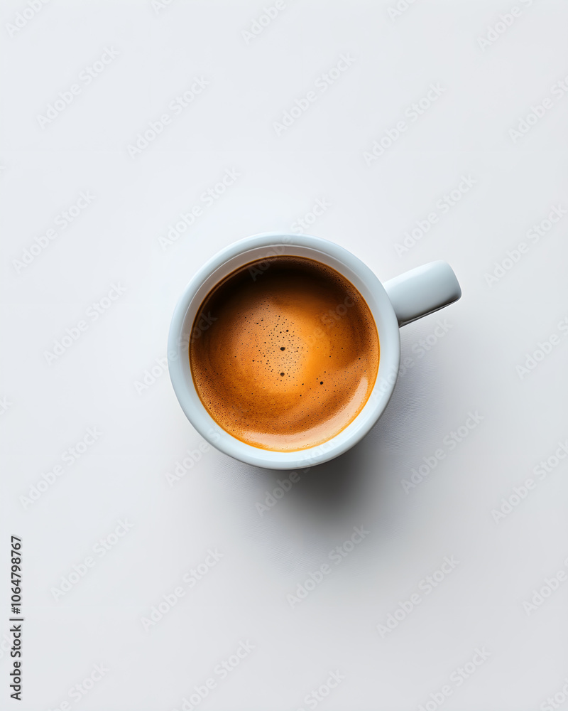 Perfect Espresso Shot in White Ceramic Cup on Minimalist Light Background. Perfect Espresso Shot in White Ceramic Cup on Minimalist Light Background.