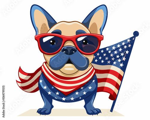 Patriotic Bulldog Wearing American Flag Sunglasses with Mini USA Flag – Perfect for 4th of July Celebrations. independence day. US elections