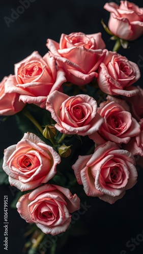 A bouquet of pink roses on a black background