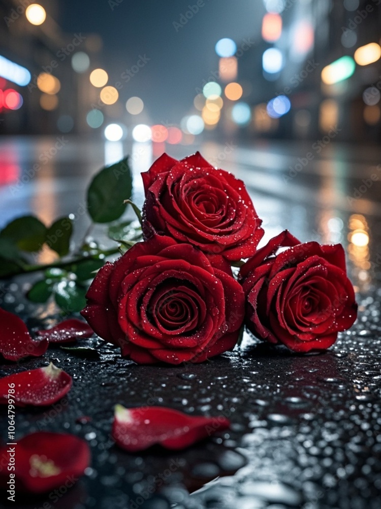 closeup of discarded red roses on wet asphalt road with colorful unfocused lights on a background, night view