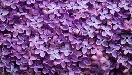 Close-Up of Lush Purple Lilac Blossoms in Full Bloom, Showcasing Delicate Petals in Shades of Lavender, Violet, and Soft Pink. Ideal for Nature Themed Backgrounds, Spring Decor, and Floral Patterns