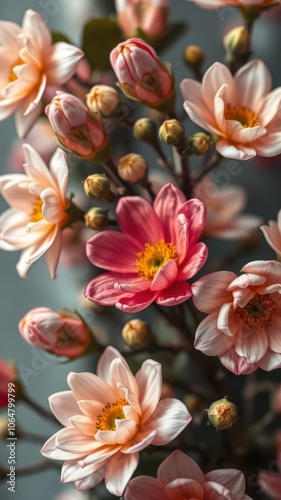 A close-up view of delicate pink and white flowers with yellow centers, captured in a soft, natural light