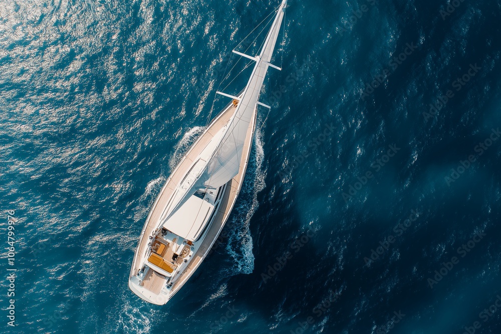 Fototapeta premium A large boat is sailing in the ocean. The boat is white and has a long, narrow shape. The water is calm and the sky is clear