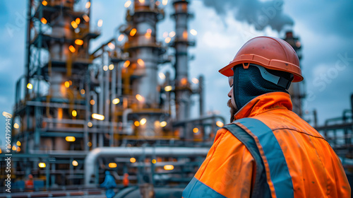 Worker at the oil field , natural gas storage in the background.Refinery